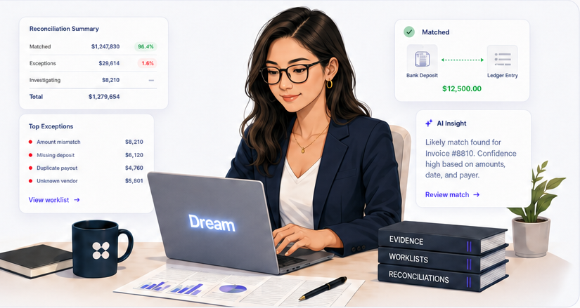 Illustration of Hannah, a finance agent and reconciliation analyst, working at her desk with reconciliation and exception panels.